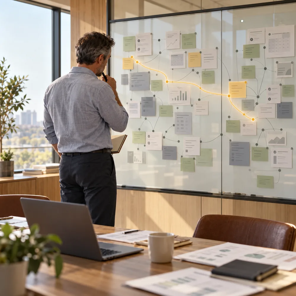 Business leader stepping back to review project notes and connections on a strategy board.