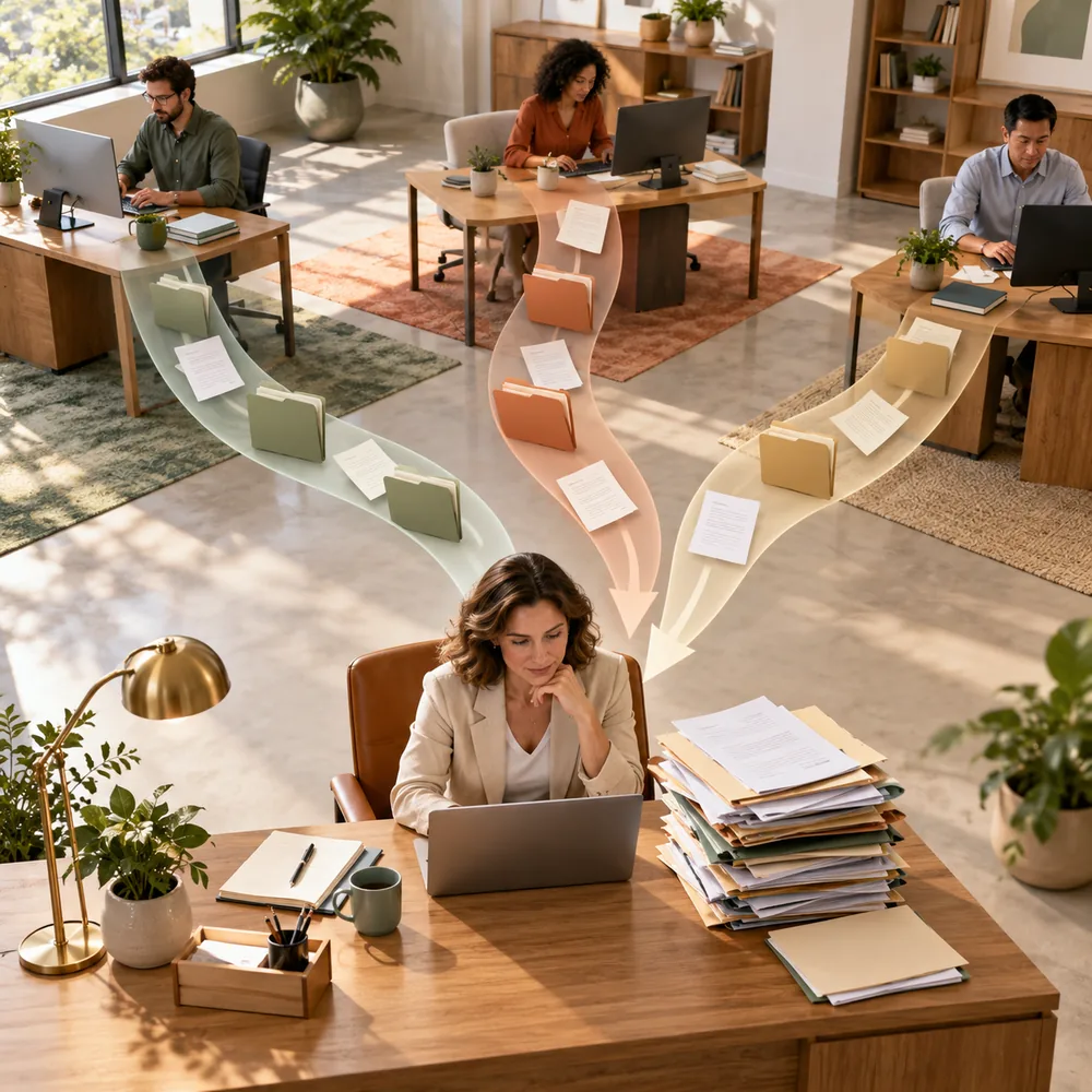 Illustration of requests from three team members converging on the CEO’s desk.
